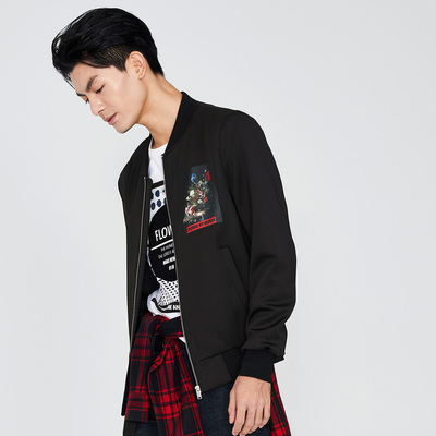 gxg.jeans男装秋季休闲黑色青年印花棒球服修身夹克外套63621091