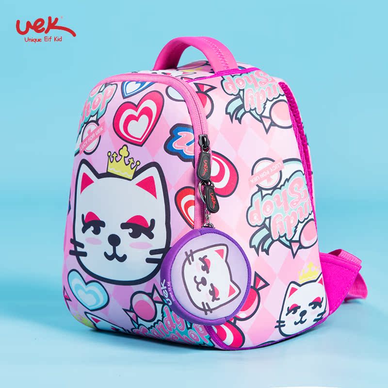 uek幼儿园书包3岁女宝宝可爱儿童糖果小花猫防走失防滑双肩背包