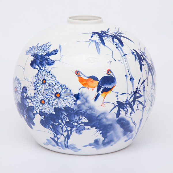 圆球安居乐业青花鸟台灯壁灯吊灯吸顶灯配件景德镇薄胎陶瓷灯罩