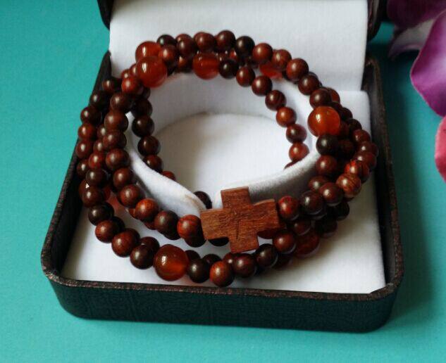 包邮正品天然红檀香木缠绕式15端玫瑰经念珠雕刻耶稣十字架手链