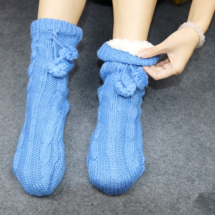 加绒地板袜成人女毛线袜防滑加绒加厚秋冬季保暖家居袜袜套睡眠袜