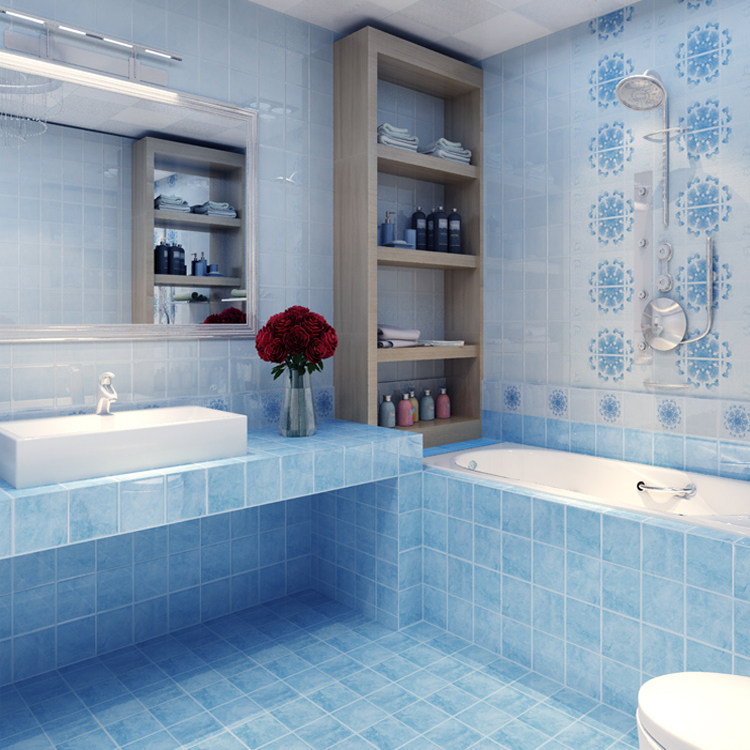 卫生间瓷砖蓝色瓷片地中海防滑地砖釉面砖厕所地板砖300450墙砖