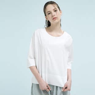 衬衫 茉兰多 宽松大码七分袖纯棉圆领上衣t119 文艺范极简约套头衬衫