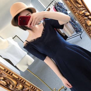 现货2017韩国东大门代购musk女士露肩一字肩系扣短袖吊带连衣裙夏