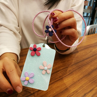包邮促销公交卡套亚克力硬质编织绳长脖挂绳地铁门禁卡学生卡小花