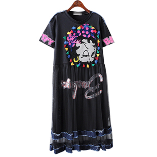 连衣裙 时尚个性女装短袖夏装新款 卡通贝蒂亮片拼贴网纱牛仔拼接