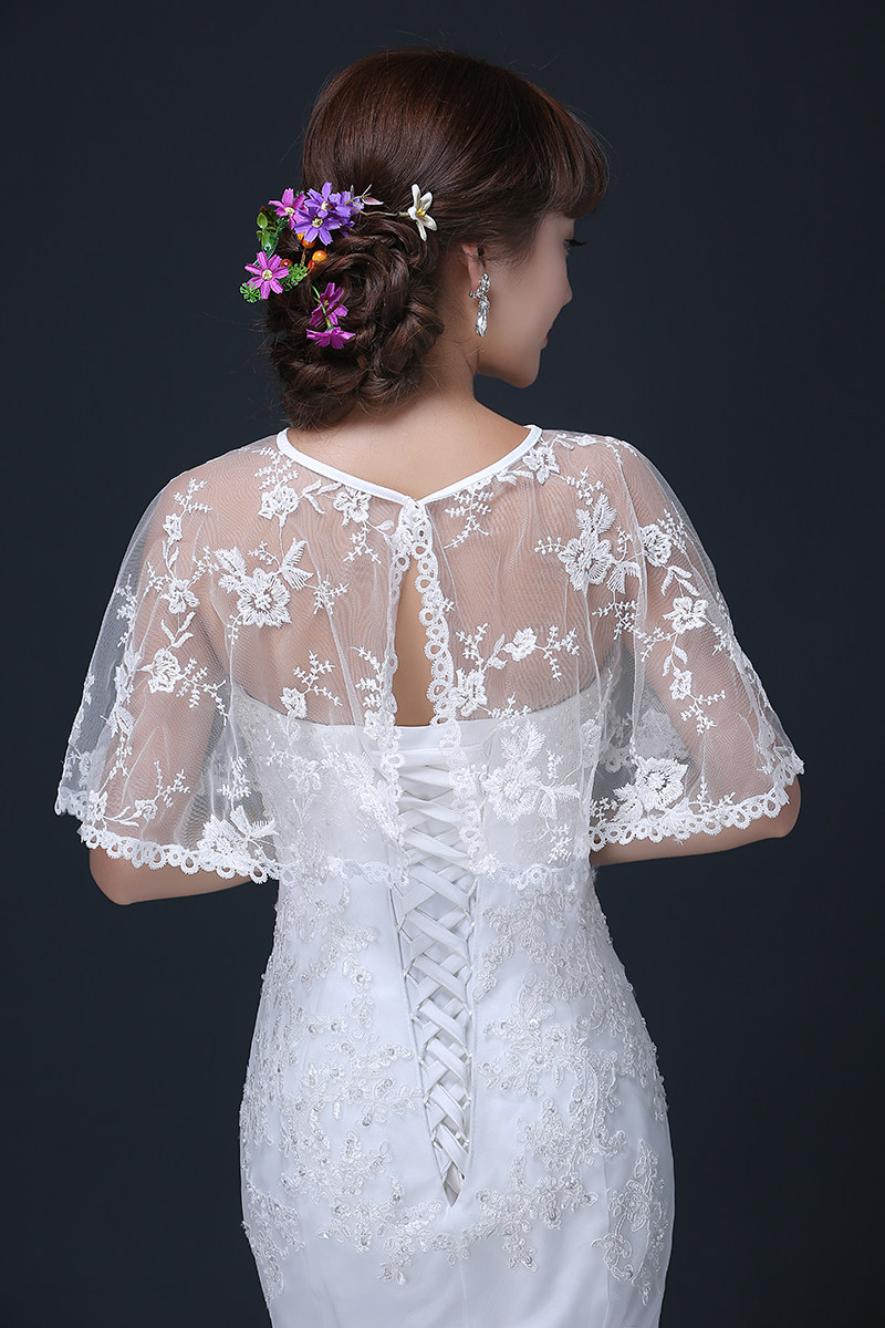 2017新款白色韩版蕾丝披肩斗篷新娘结婚一字肩蕾丝红披纱婚纱披肩