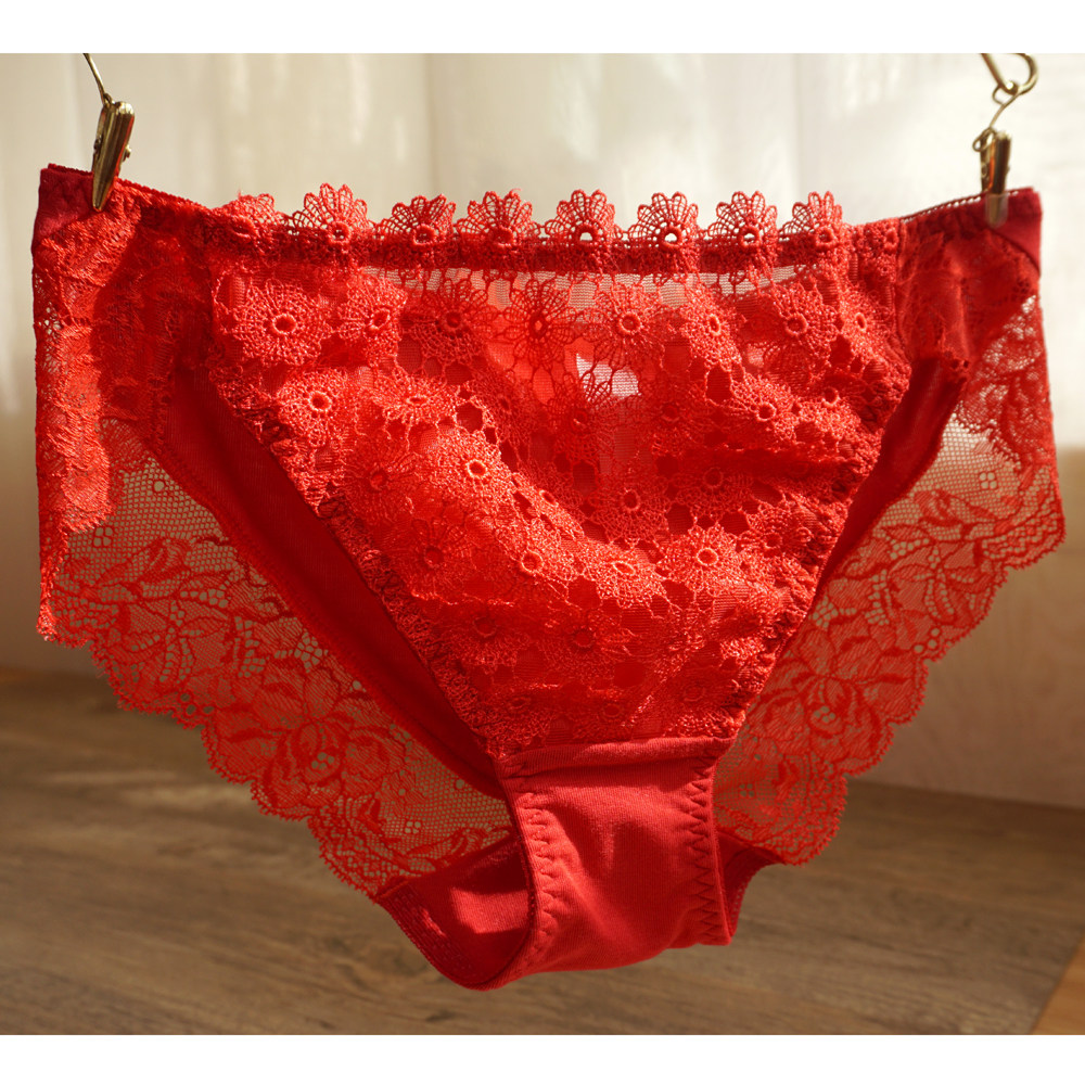 4条包邮 日系性感女内裤本命年大红色新婚圣诞纯棉低腰蕾丝三角裤
