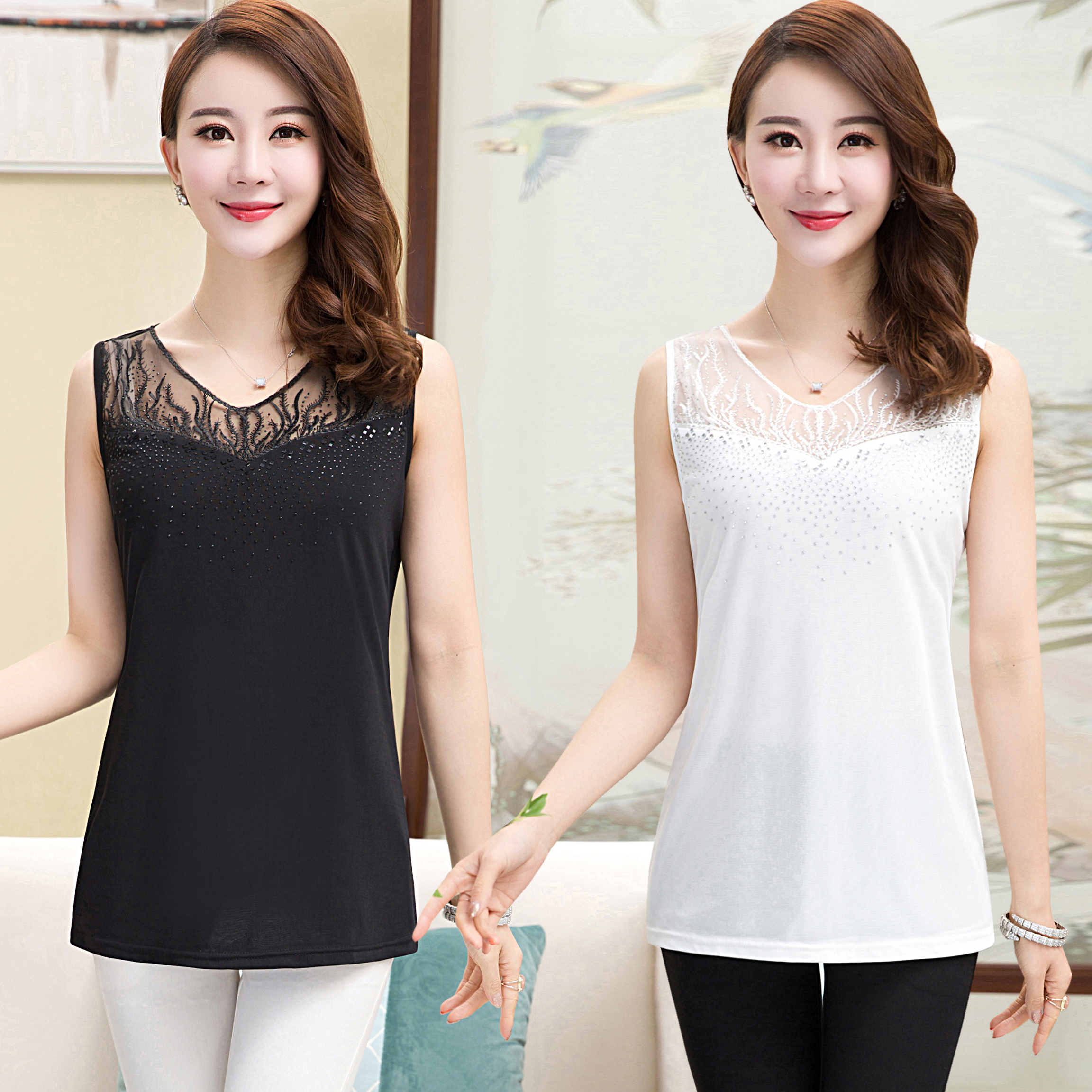 简约百搭夏季中年女士网纱无袖显瘦背心短款妈妈装打底衫上衣吊带