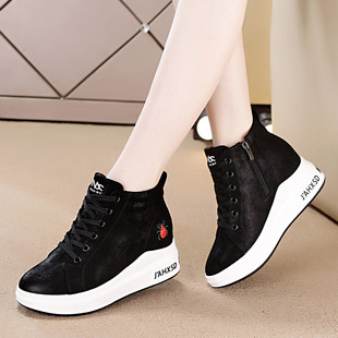 高帮鞋女冬季2017厚底内增高女鞋韩版百搭黑色休闲运动鞋加绒棉鞋