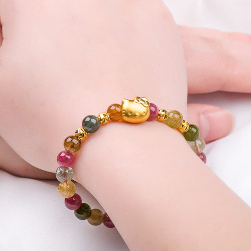 沙金欧币手链女转运珠3dkt猫配天然碧玺珠宝首饰