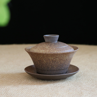 陶瓷粗陶盖碗 功夫茶具泡茶碗 怀旧复古三才碗 泡茶器茶杯大号