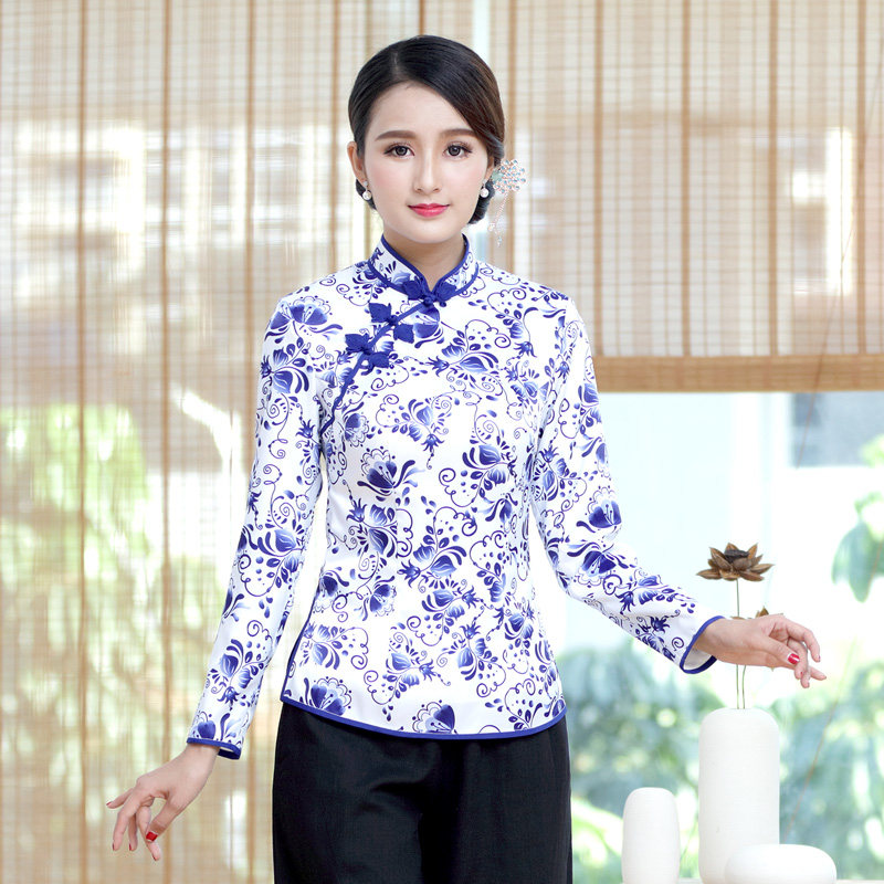 玫娅娣女装春秋冬款长袖复古传统日常修身短款旗袍加棉上衣青花瓷