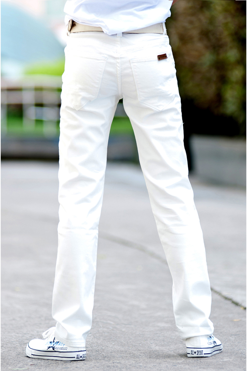热卖白色牛仔裤男装修身弹力小直筒韩版休闲白裤子男士长裤爆款潮