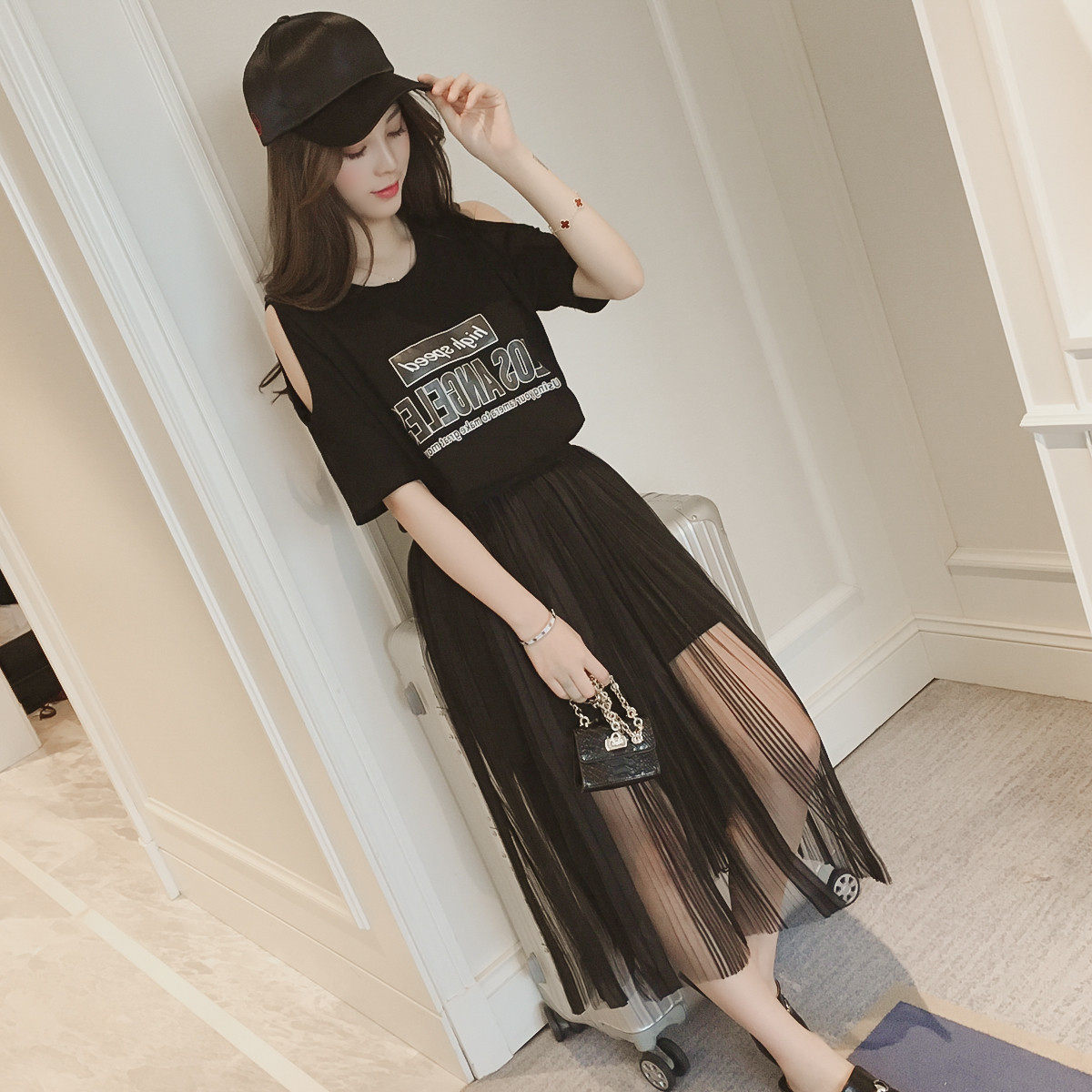 网纱拼接假两件中长款收腰衬衫连衣裙女潮,蘑菇街2017夏装时尚女装店