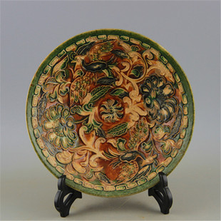 古玩收藏 唐三彩雕刻凤穿牡丹纹瓷碗 古玩收藏摆件 仿古做旧唐代出土