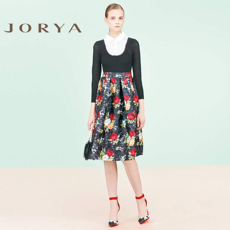 jorya欣贺卓雅 拼接印花九分袖百褶裙连衣裙2016专柜新品i1003601