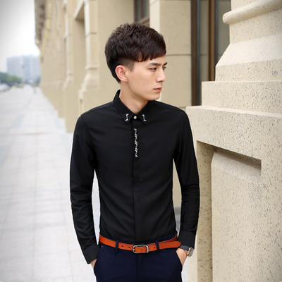 芃予新款男士韩版修身刺绣雪纺长袖衬衫休闲尖领英伦风白衬衣男潮