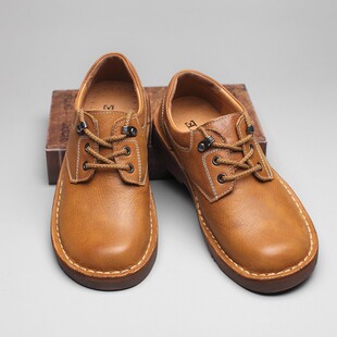 头层牛皮大头鞋男复古工装鞋休闲皮鞋圆头低帮马丁鞋做旧疯马牛皮